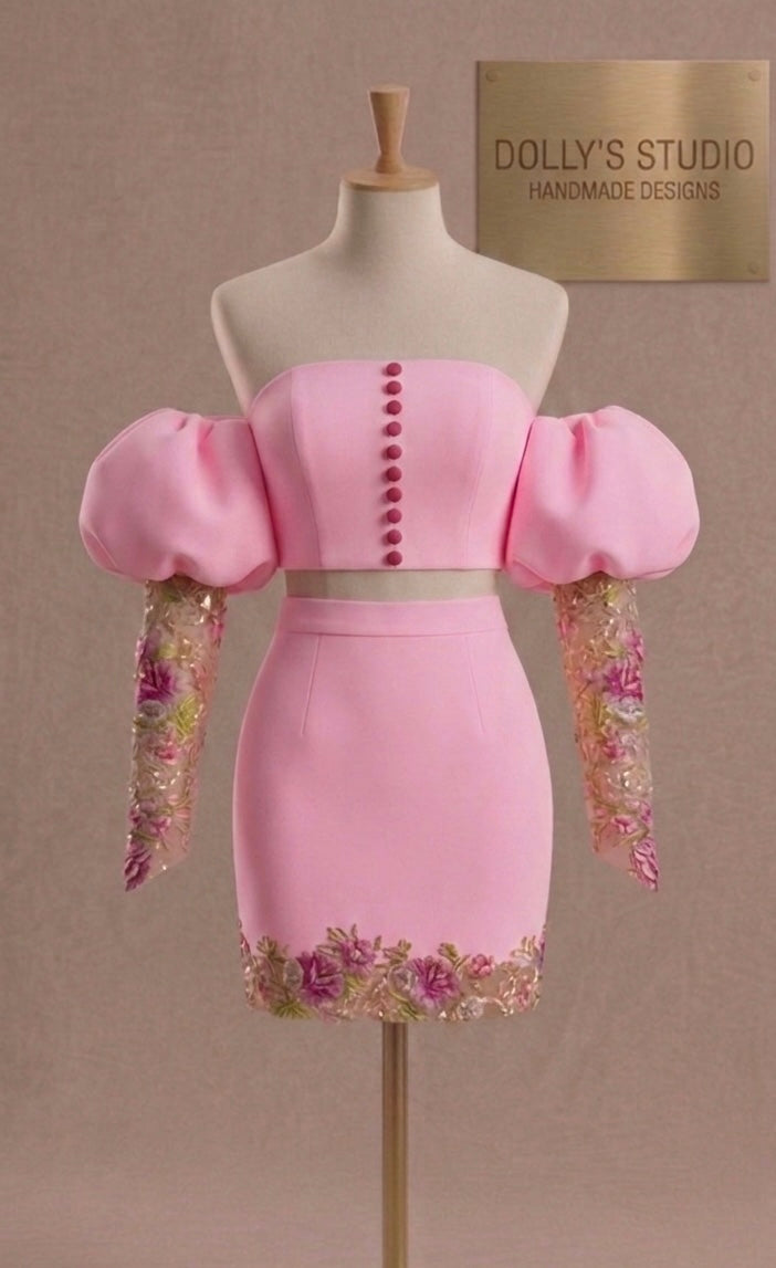 Balloon lace sleeve two piece set